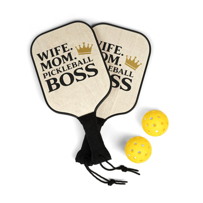 Pickleball Paddle Set — "Wife. Mom. Pickleball Boss" Wooden Paddle & Balls Kit
