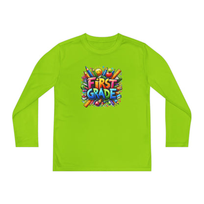 First Grade Youth Long Sleeve Tee — Colorful Back-to-School Shirt