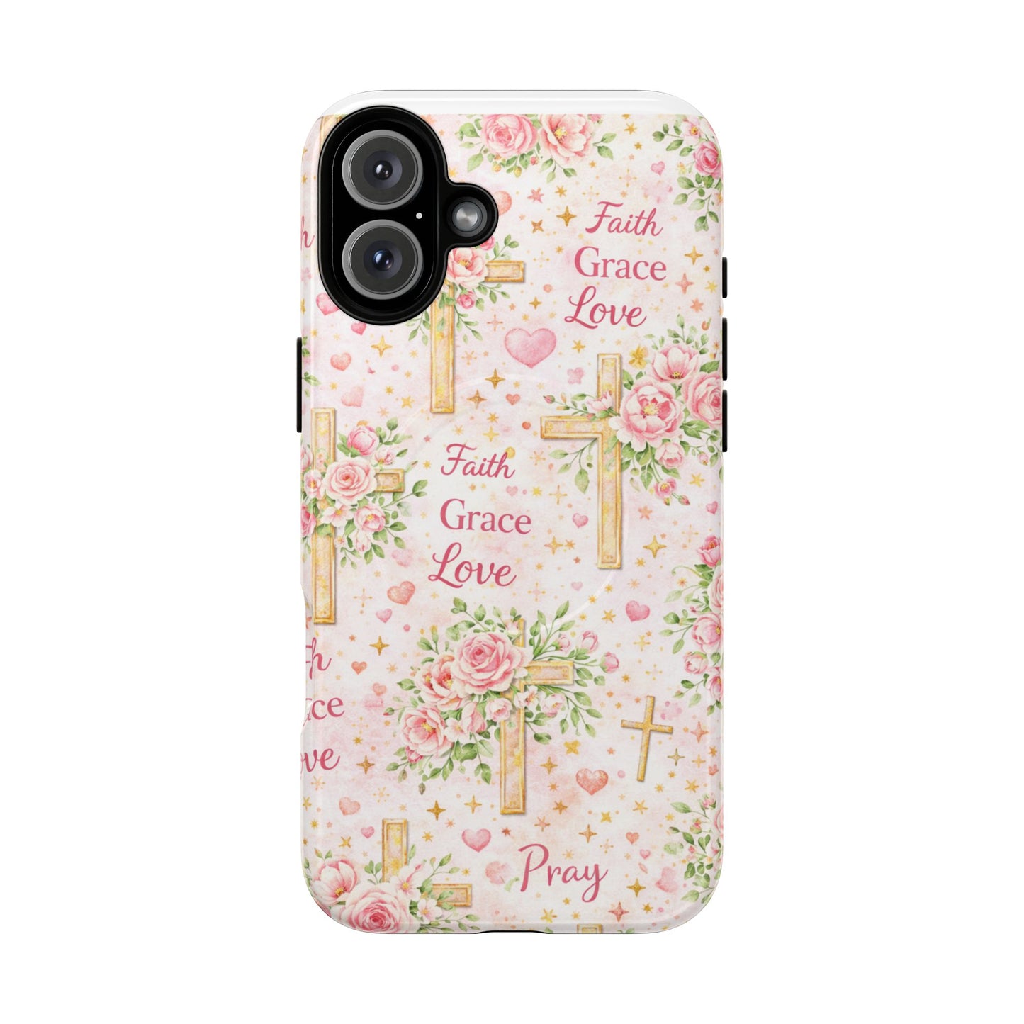 Christian Floral Cross Phone Case — "Faith Grace Love" Tough Magnetic Case