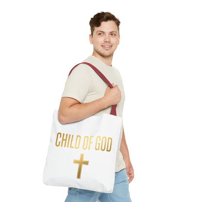Child of God Tote Bag — Gold Cross Religious Canvas Tote