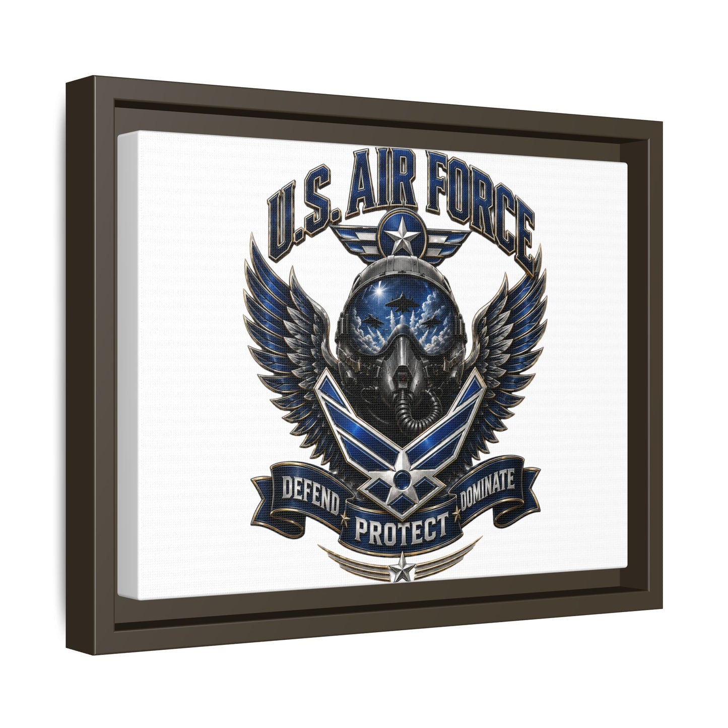 U.S. Air Force Emblem Framed Canvas Print – "Defend Protect Dominate" Military Wall Art