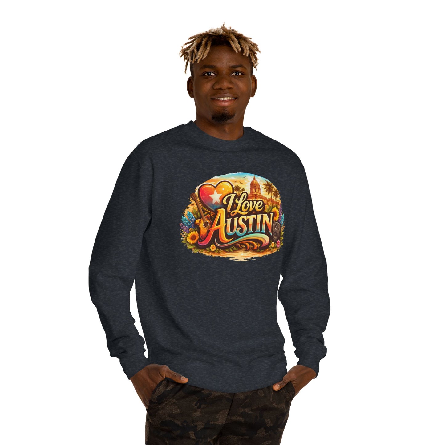 I Love Austin Crewneck Sweatshirt – Retro Texas Cityscape Pullover