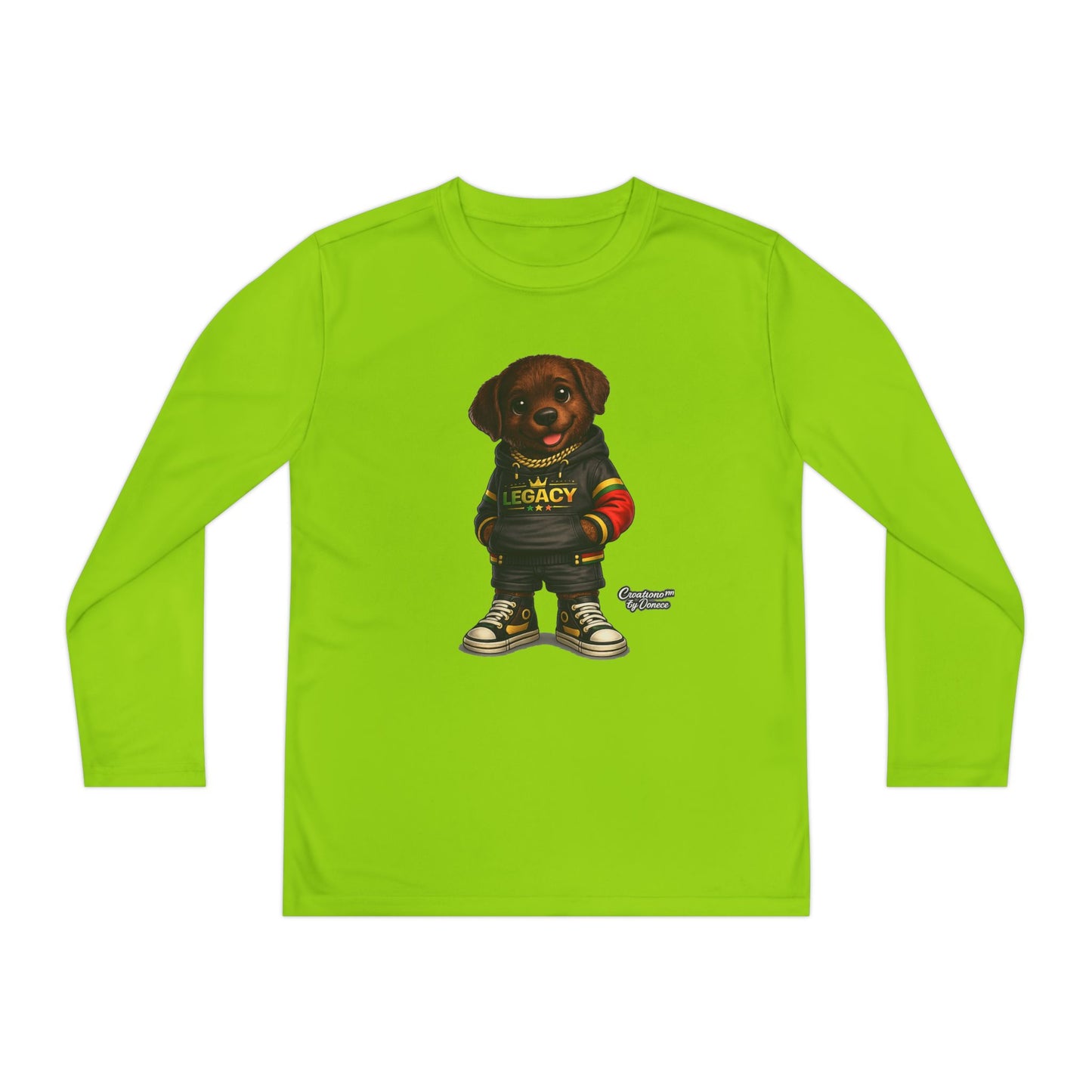 Kids Long Sleeve Tee — Brown Puppy Wearing 'Legacy' Hoodie Graphic