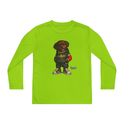 Kids Long Sleeve Tee — Brown Puppy Wearing 'Legacy' Hoodie Graphic