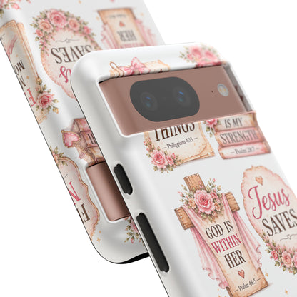 Christian Phone Case — Jesus Saves Floral Tough Case with 'God Is Within Her' & 'Trust God' Design