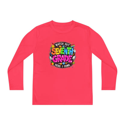 Seventh Grade Youth Long Sleeve Tee — "Watch Out Seventh Grade Here I Come" Back-to-School Shirt