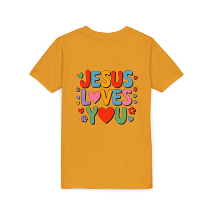 Youth Tee - "Jesus Loves You" Colorful Heart & Flower Christian Shirt