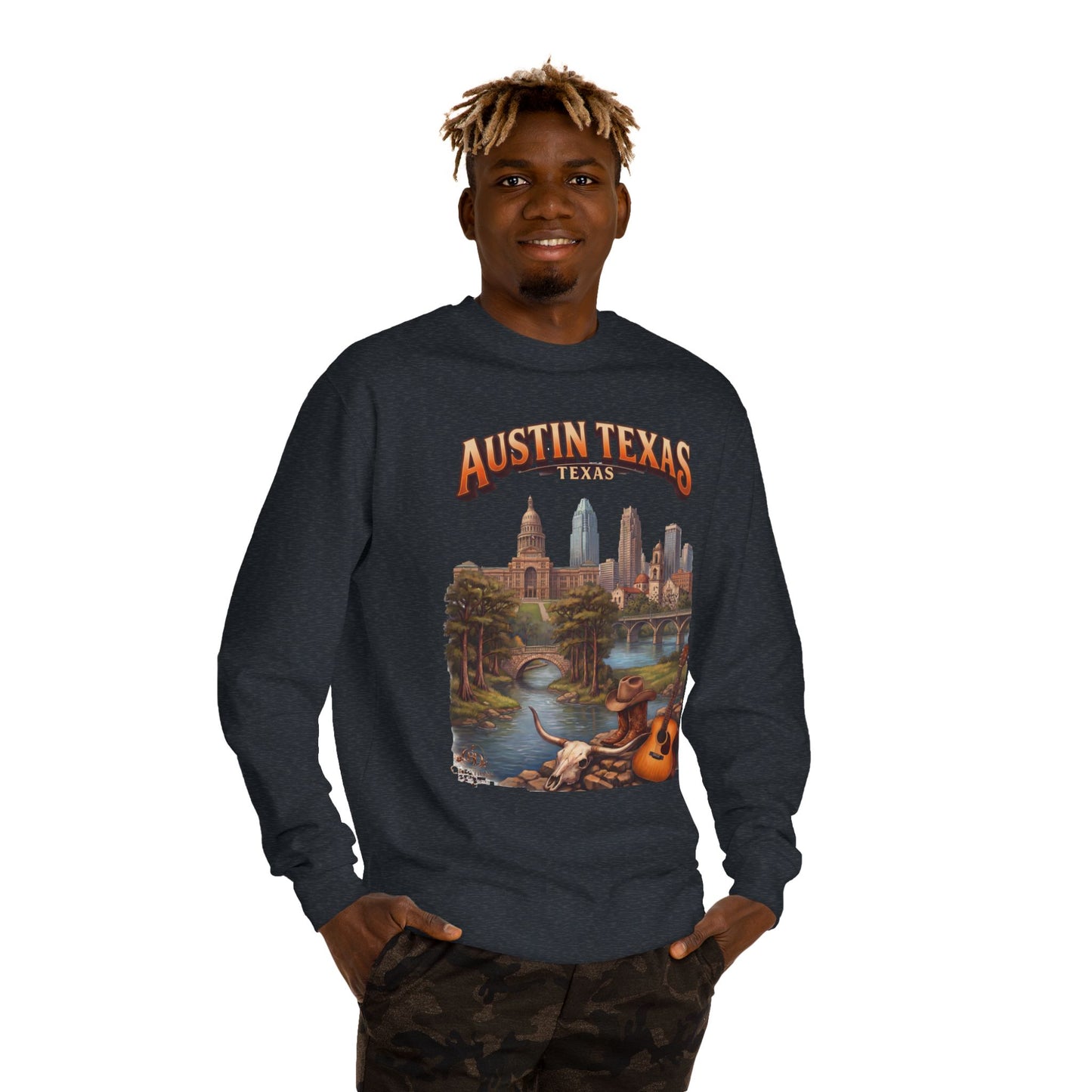 Austin Texas Sweatshirt — Vintage Cityscape & Guitar Crewneck