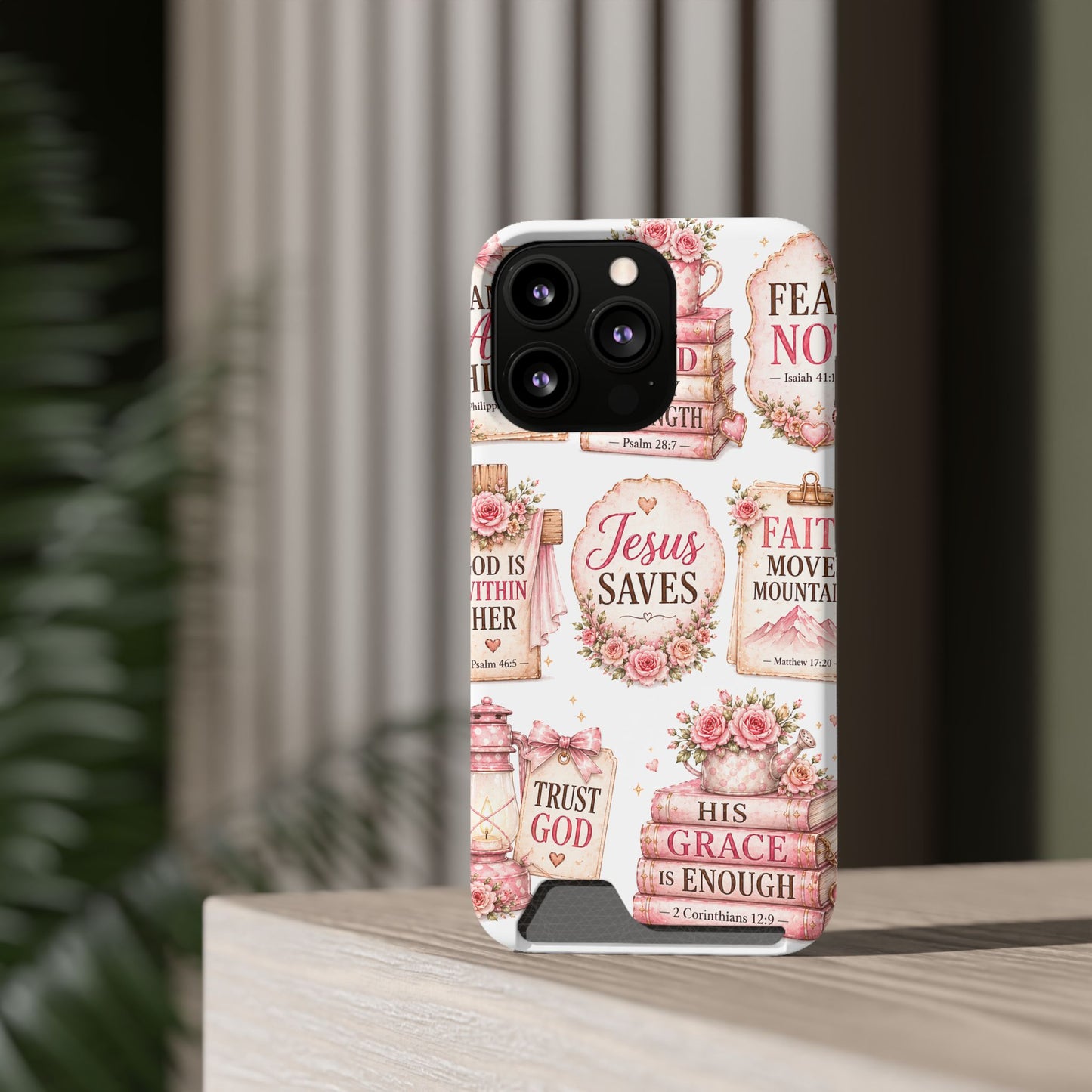 Christian Phone Case with Card Holder — 'Jesus Saves' Floral Scripture Design