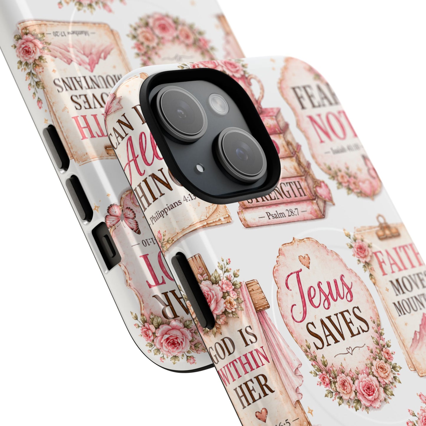 Christian Faith iPhone Tough Magnetic Case — 'Jesus Saves' Floral Scripture Design (Fear Not, Faith Moves Mountains)
