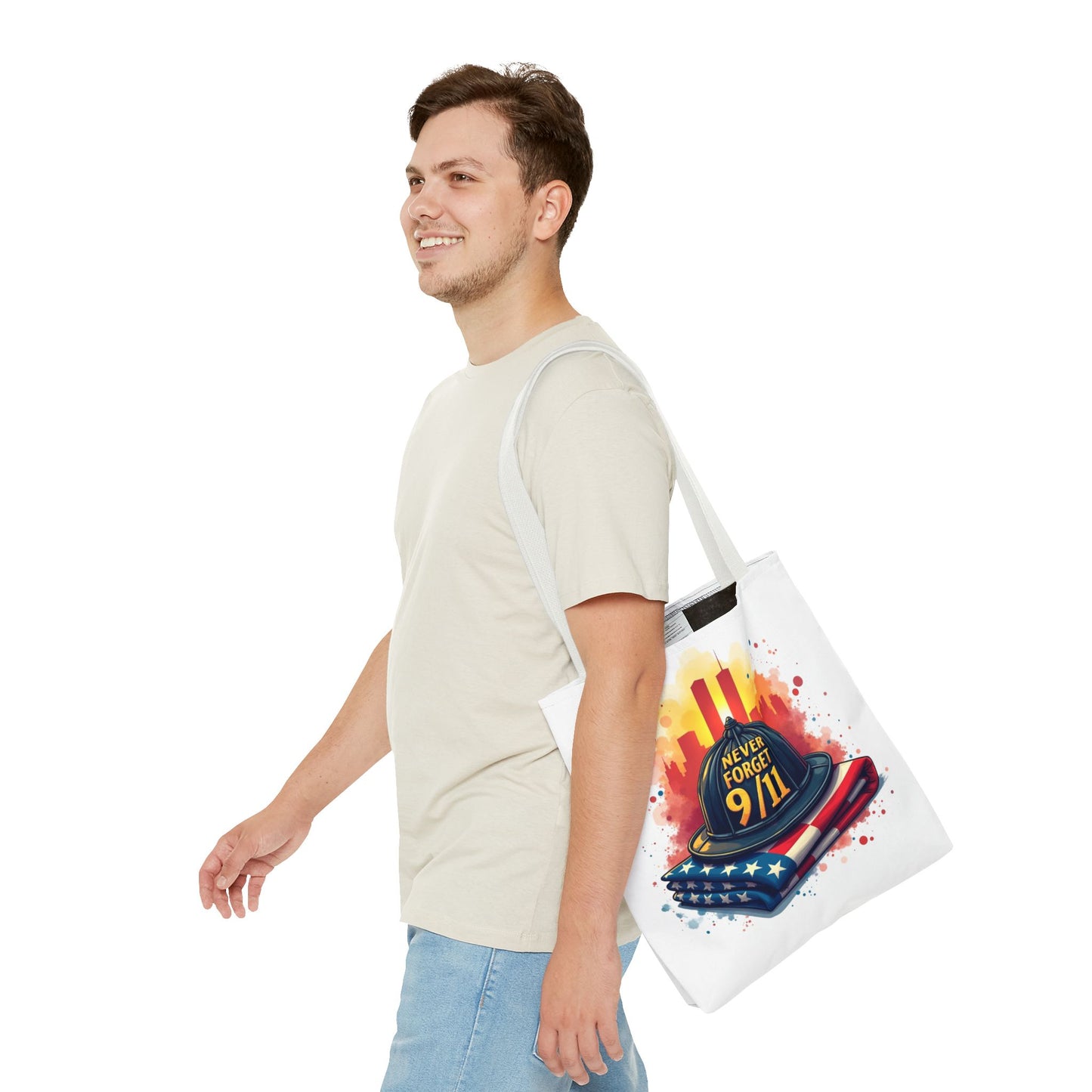 Never Forget 9/11 Memorial Tote Bag — Firefighter Helmet & Flag Tribute