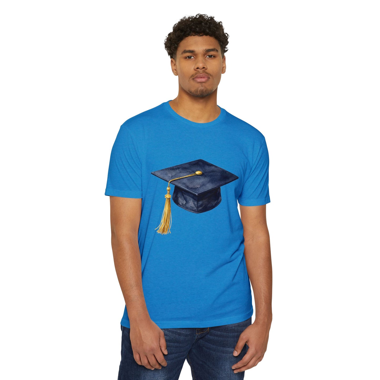 Graduation Cap T-Shirt — Navy Mortarboard with Gold Tassel