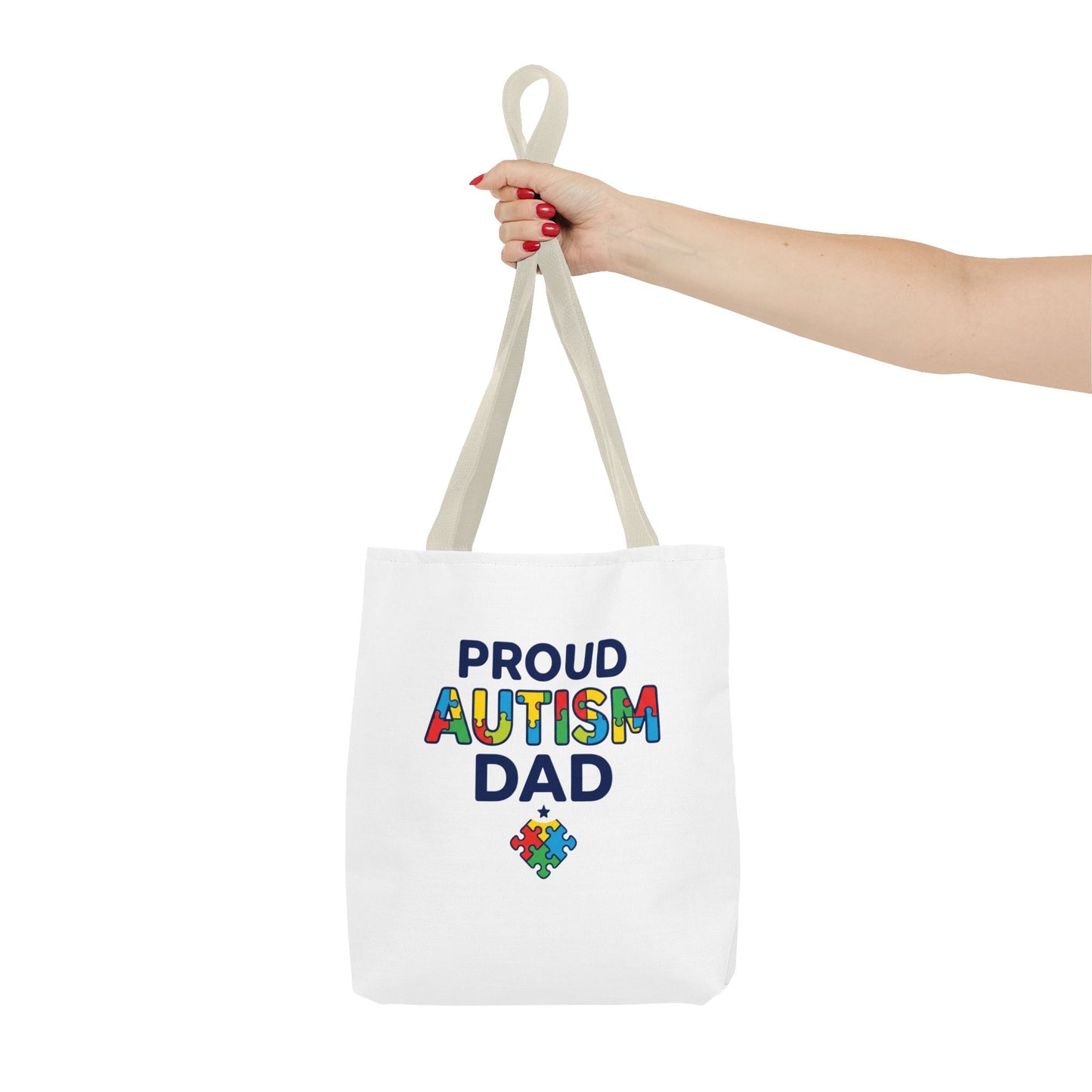 Proud Autism Dad Tote Bag — Colorful Puzzle-Heart Support Gift