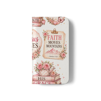 Christian Floral Phone Flip Case — "Jesus Saves" & Inspirational Scripture Wallet Cover