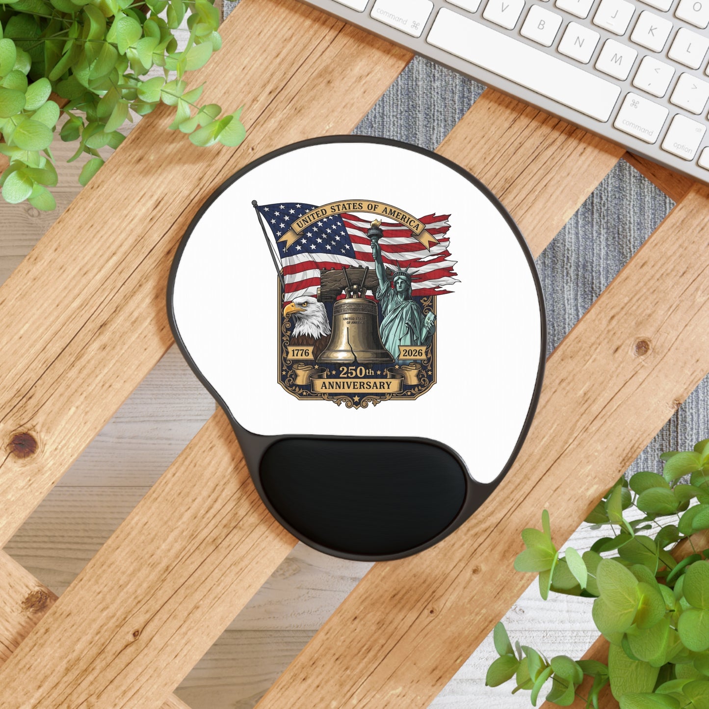 Patriotic 250th Anniversary Mouse Pad with Wrist Rest — Liberty Bell & Statue of Liberty Design
