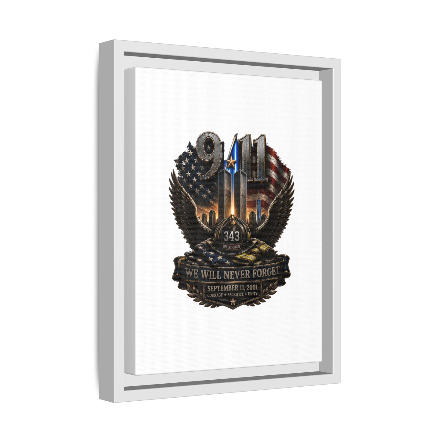9/11 Memorial Matte Canvas Print — "We Will Never Forget" Framed Tribute