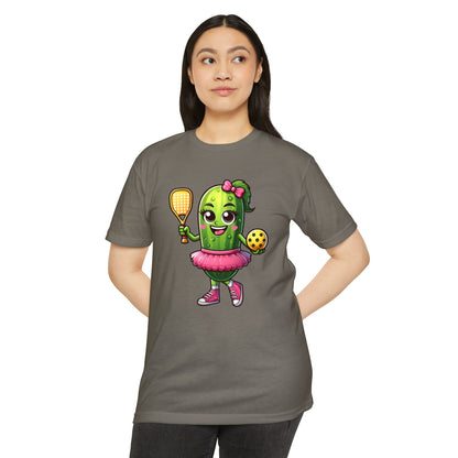 Pickle Paddleball T-Shirt — Cute Pickle Character in Tutu with Paddle & Ball