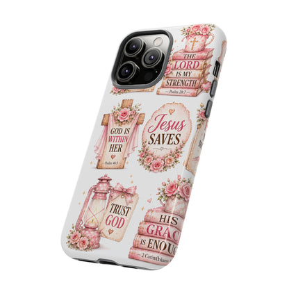 Christian Phone Case — Jesus Saves Floral Tough Case with 'God Is Within Her' & 'Trust God' Design