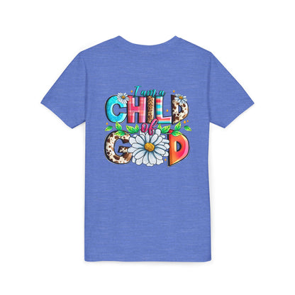 Youth Tee — "I Am a Child of God" Floral Christian Graphic