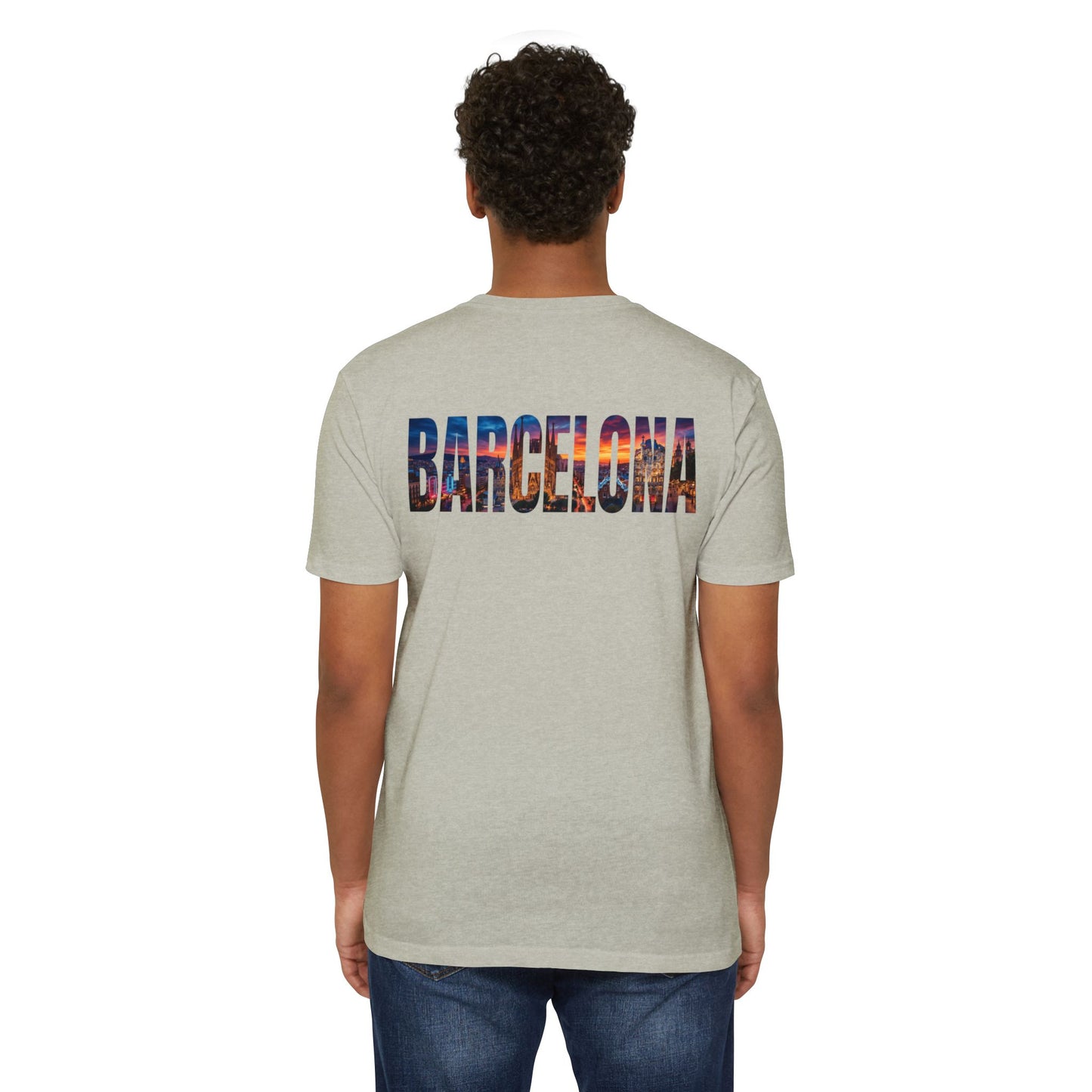 Barcelona Cityscape T‑Shirt — Scenic Sunset Lettering Travel Tee