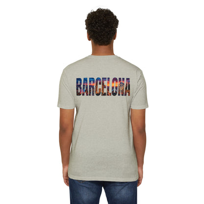 Barcelona Cityscape T‑Shirt — Scenic Sunset Lettering Travel Tee