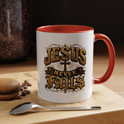 Jesus Never Fails Accent Coffee Mug — Inspirational Christian Faith 11/15oz