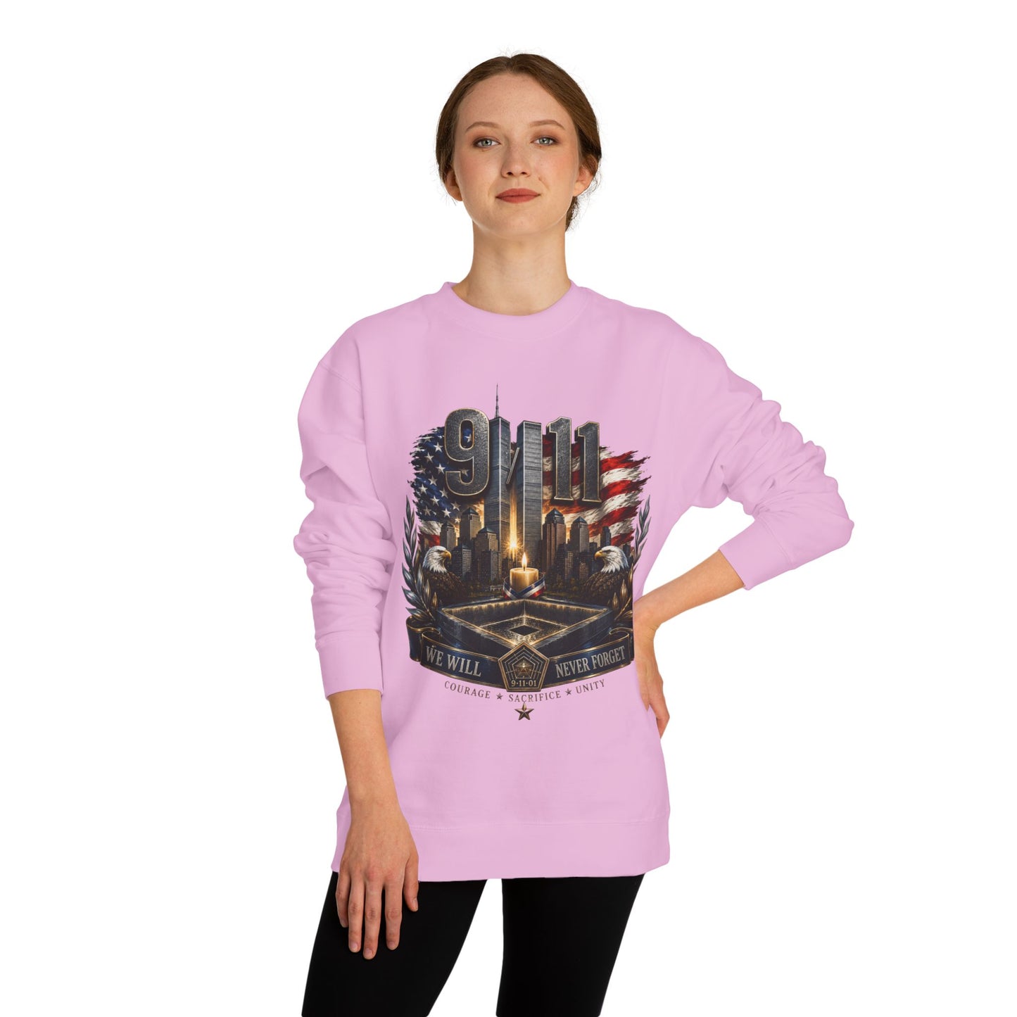 9/11 Memorial Crewneck Sweatshirt — We Will Never Forget Tribute