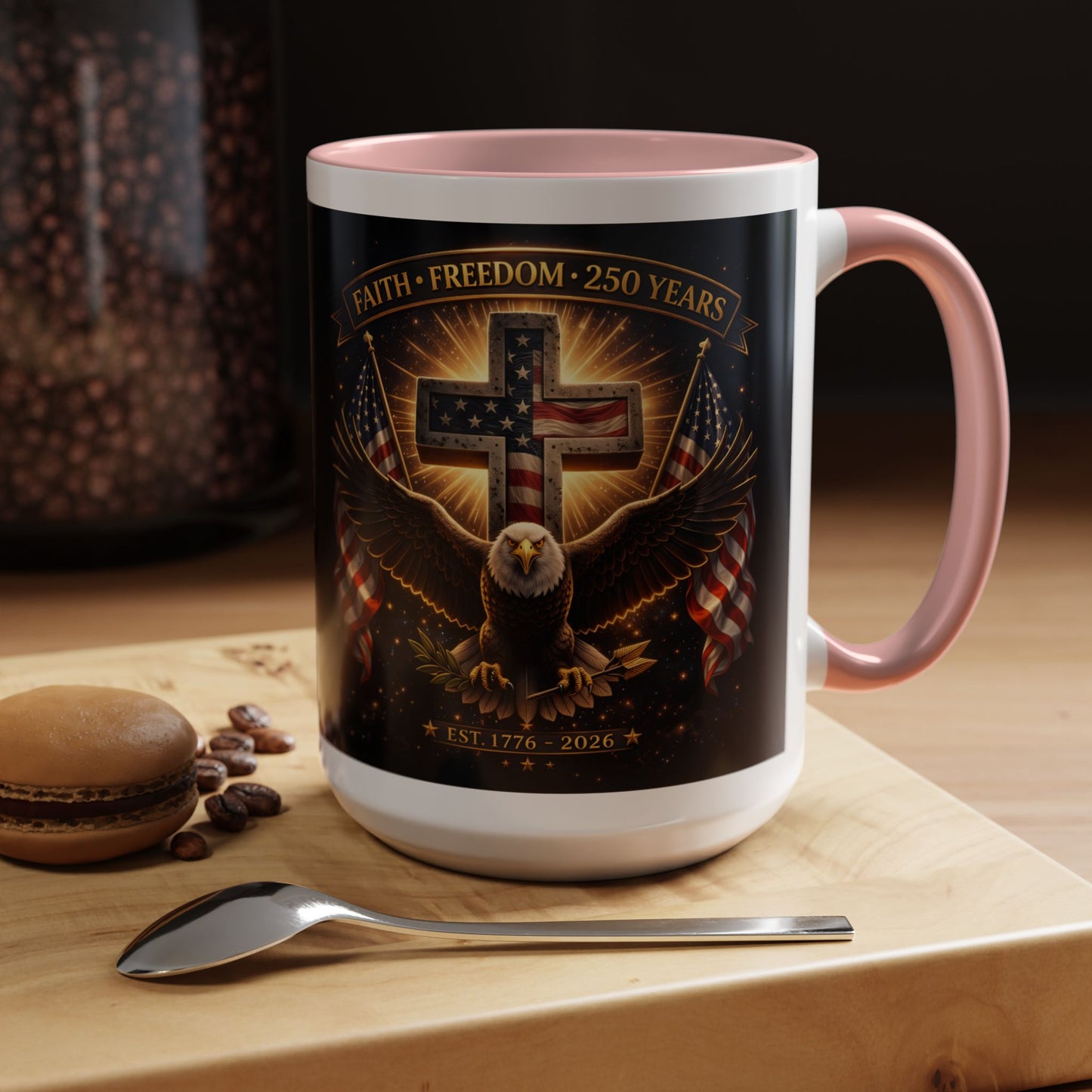 Patriotic Faith & Freedom Accent Coffee Mug — Eagle, Cross & American Flag (1776–2026)