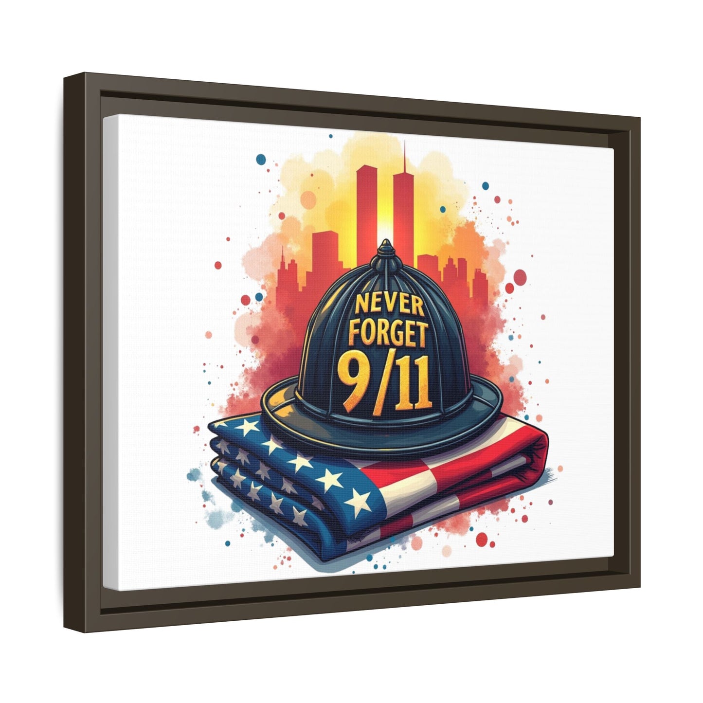 Never Forget 9/11 Framed Canvas Print — Firefighter Helmet & American Flag Memorial Art