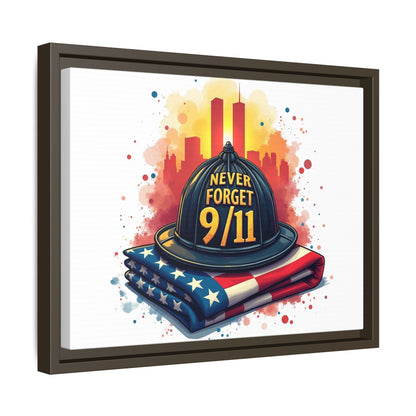 Never Forget 9/11 Framed Canvas Print — Firefighter Helmet & American Flag Memorial Art