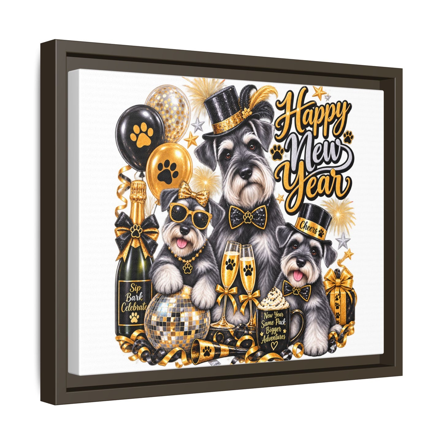 Happy New Year Schnauzer Holiday Canvas Print — Framed Matte Wall Art