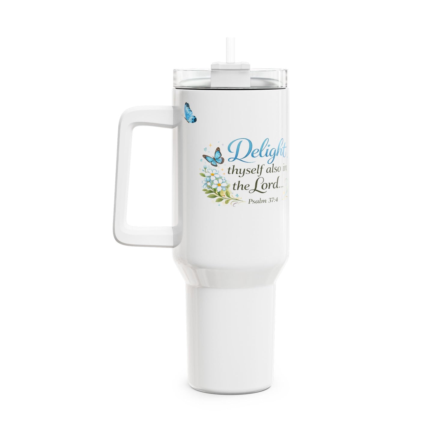 Scripture Tumbler 40oz — "Delight thyself also in the Lord" Floral Butterfly Travel Cup