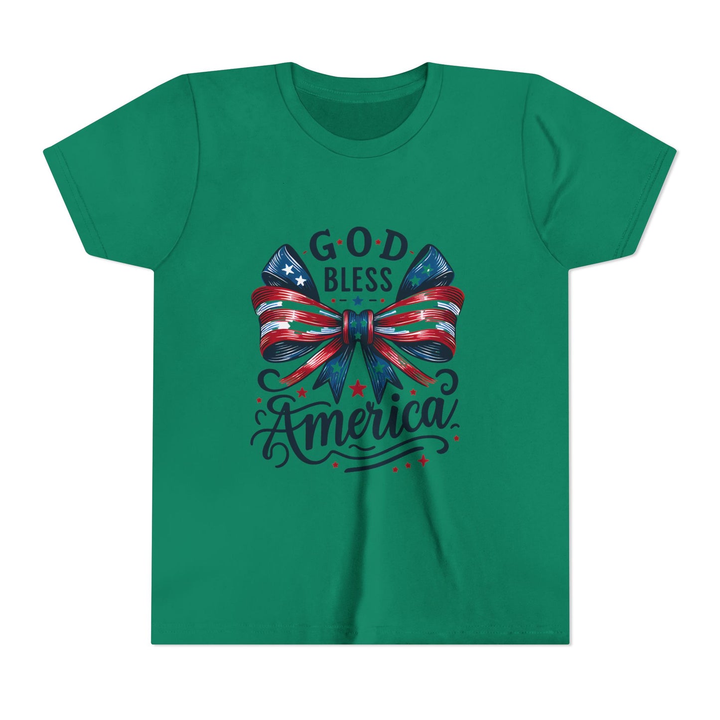 Youth Tee — "God Bless America" Patriotic Bow T-Shirt (4th of July, Memorial Day)