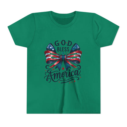 Youth Tee — "God Bless America" Patriotic Bow T-Shirt (4th of July, Memorial Day)