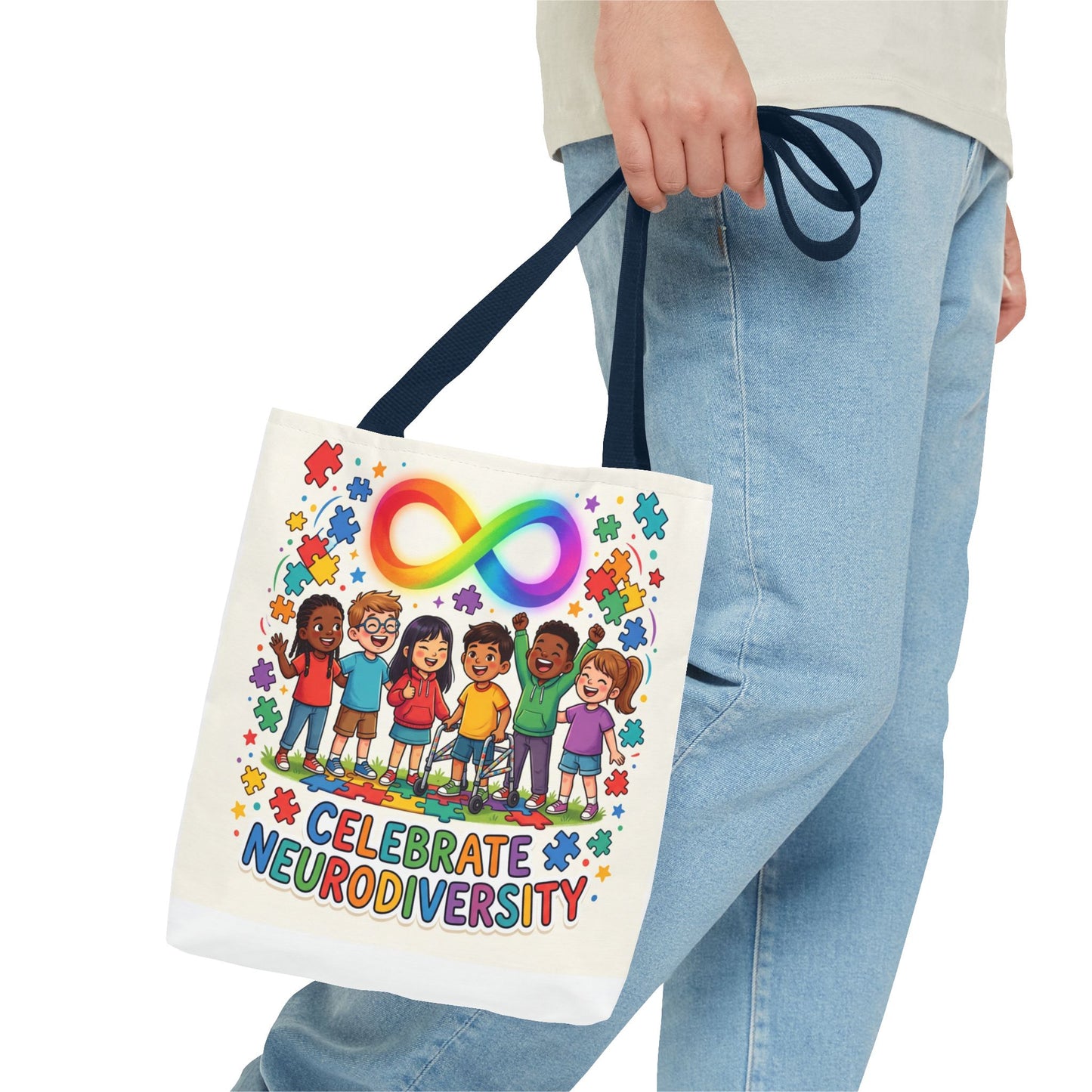 Celebrate Neurodiversity Tote Bag — Rainbow Infinity Symbol & Kids Design