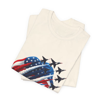 Patriotic Jet Flyover T-Shirt — American Flag Smoke Trail Tee
