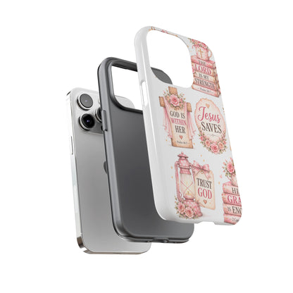 Christian Phone Case — Jesus Saves Floral Tough Case with 'God Is Within Her' & 'Trust God' Design
