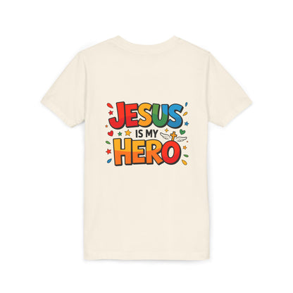 Youth Tee — "Jesus Is My Hero" Colorful Kids Christian T-Shirt