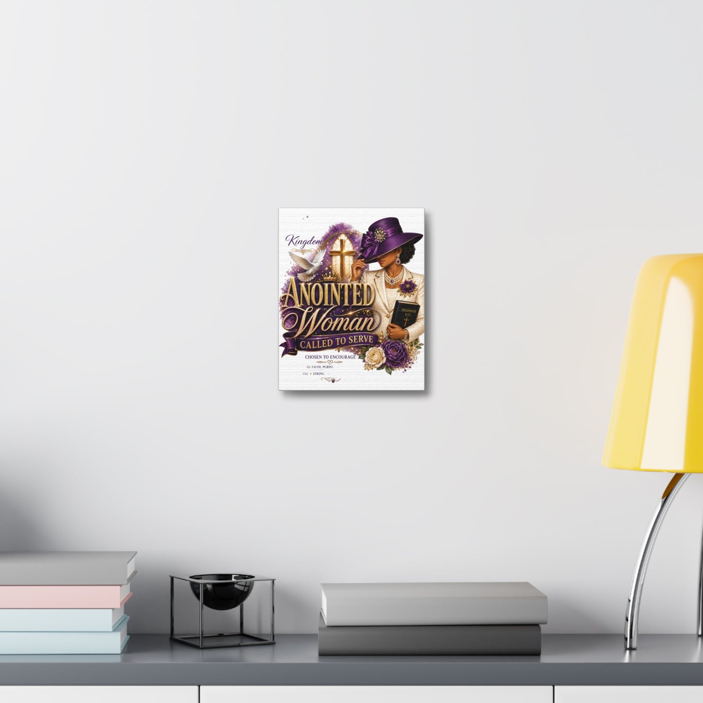 Anointed Woman Stretched Canvas — "Called to Serve" Faith Wall Art (Purple Hat & Bible)
