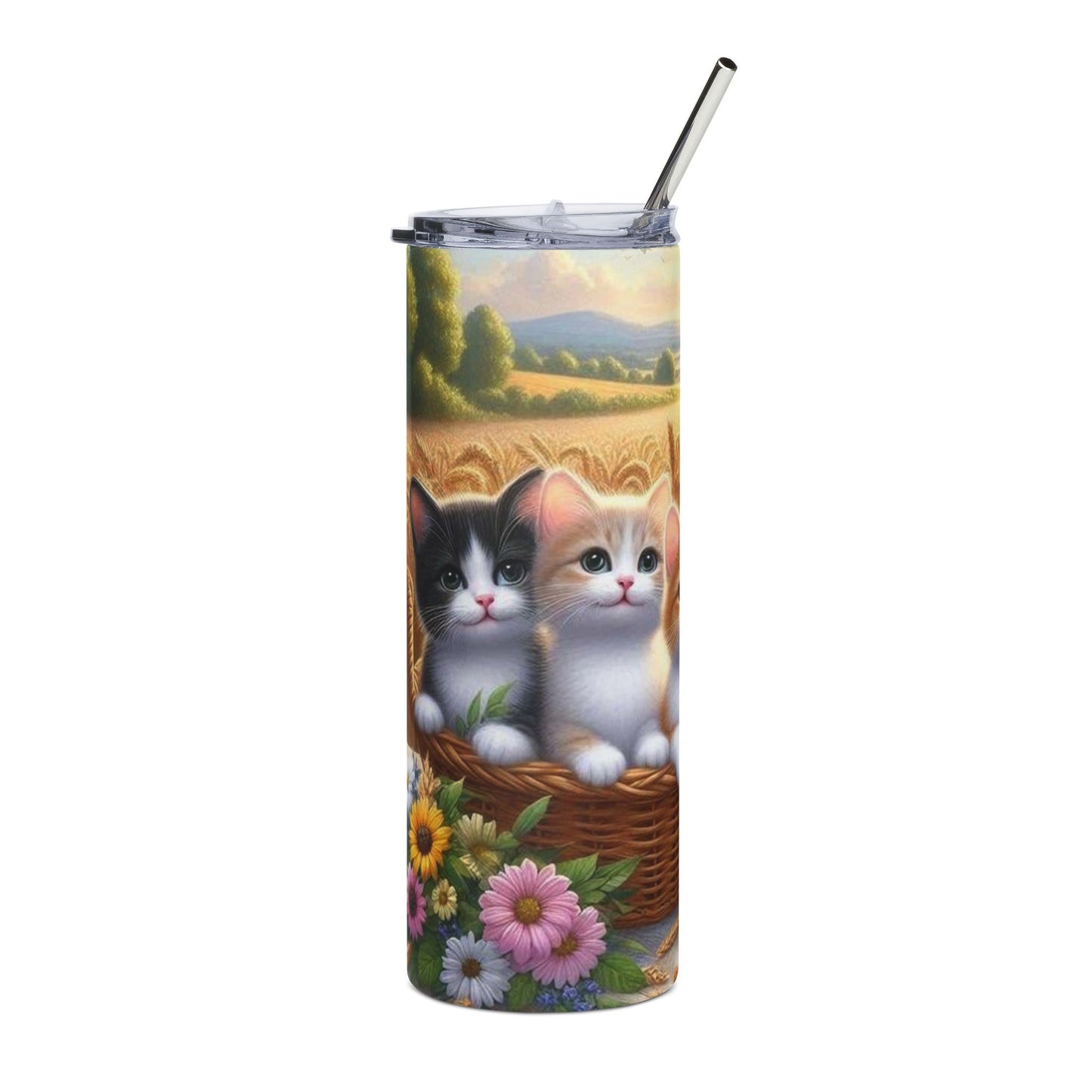 20oz Stainless Tumbler — Cute Kittens in Basket Scenic Farmhouse Design