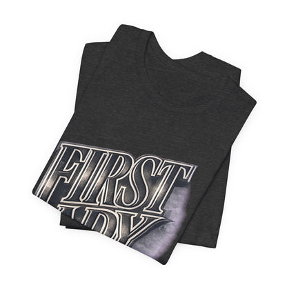 First Lady Graphic Tee — Retro Metallic Script Short Sleeve Shirt