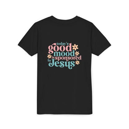 Youth Tee – "Today's Good Mood is Sponsored by Jesus" Retro Floral Christian Shirt