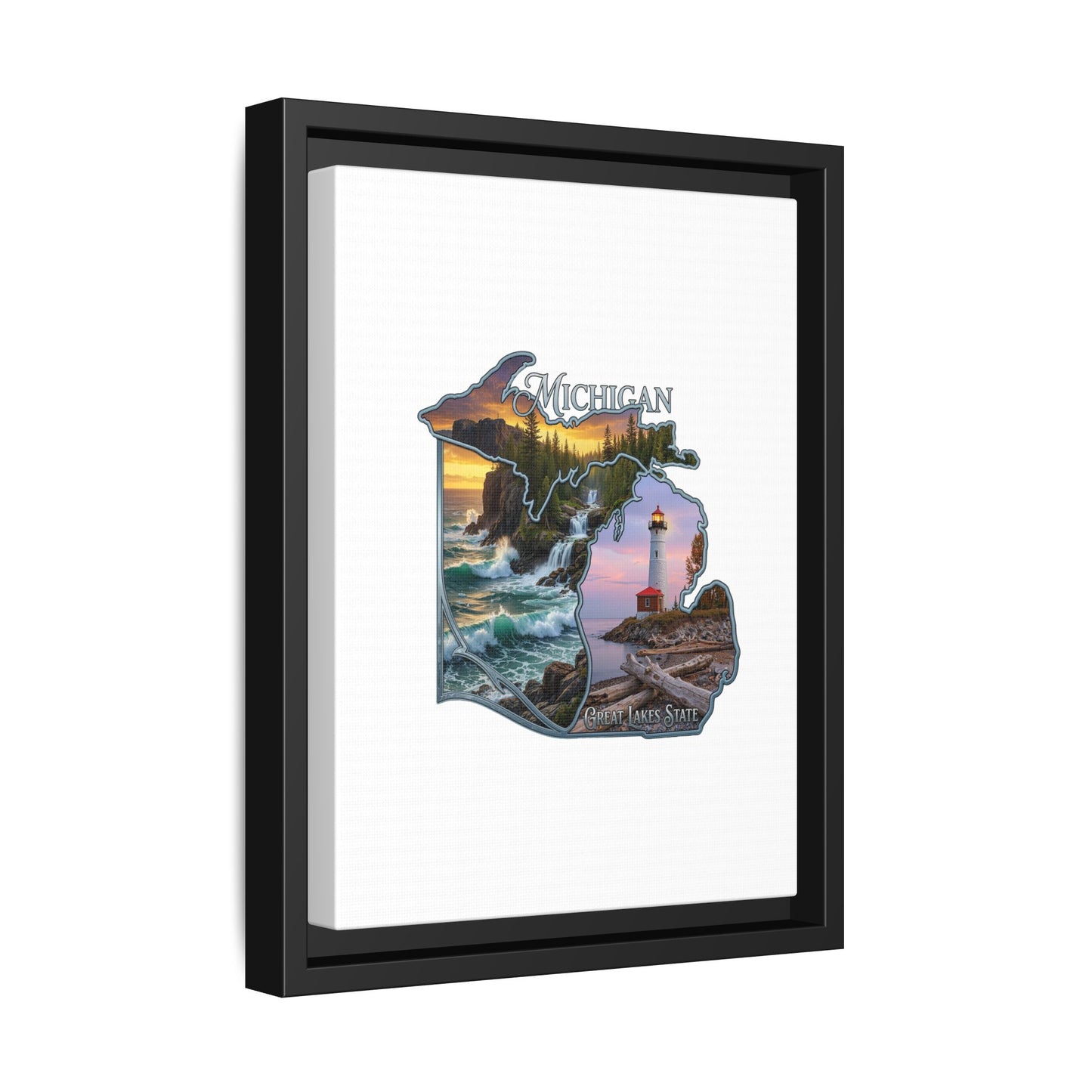 Michigan Framed Canvas Wall Art — Great Lakes State Lighthouse & Shoreline Print