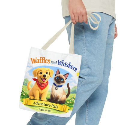 Waffles & Whiskers Adventure Pals Tote Bag — Cute Puppy and Kitten Kids Book Design