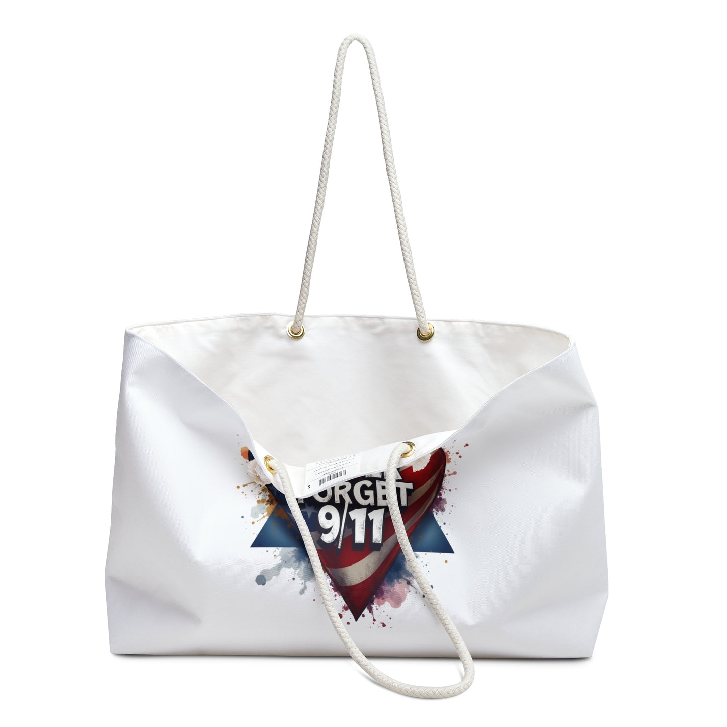 Never Forget 9/11 Weekender Bag — American Flag Heart Memorial Travel Tote