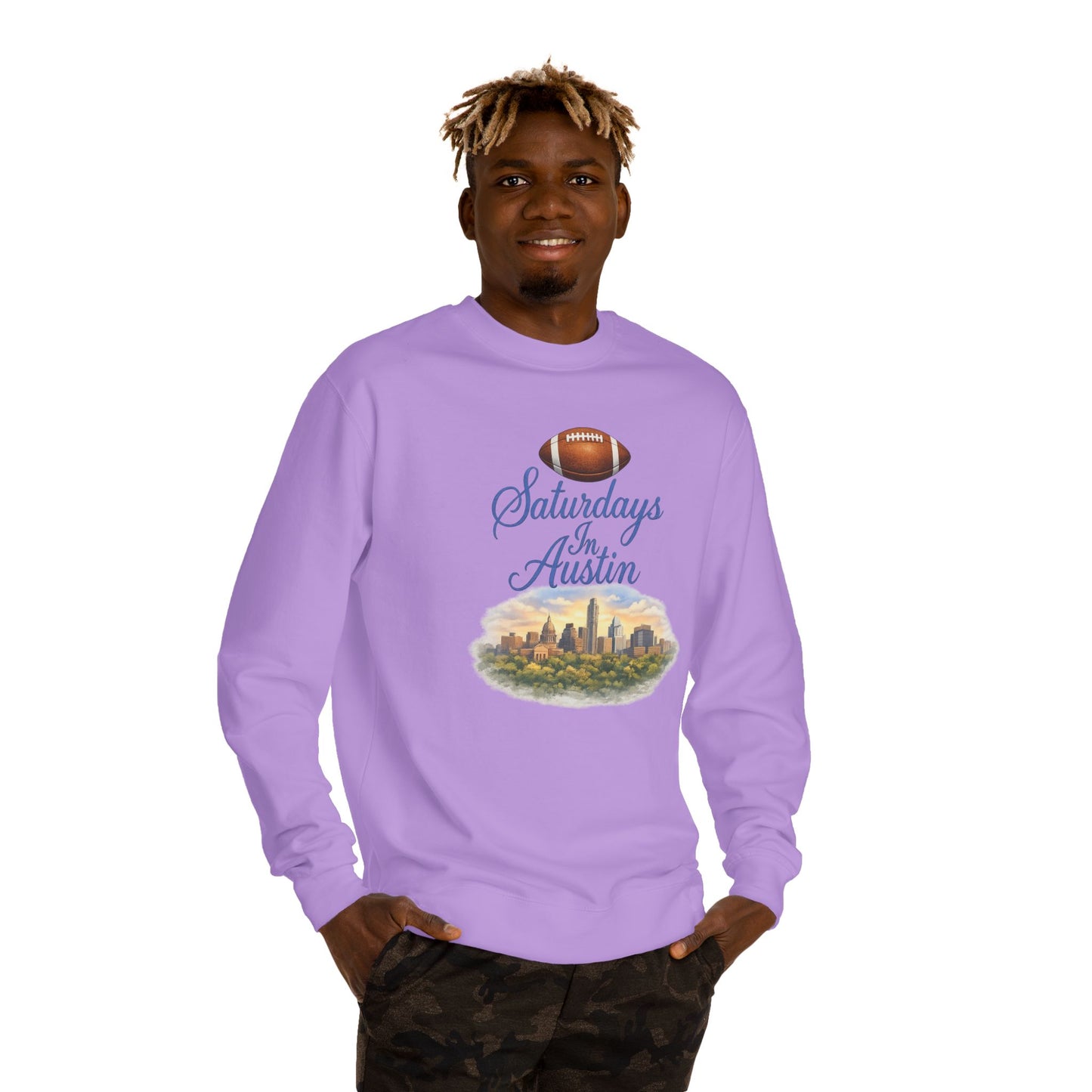 Saturdays in Austin Crewneck Sweatshirt — Floral Football City Skyline Design