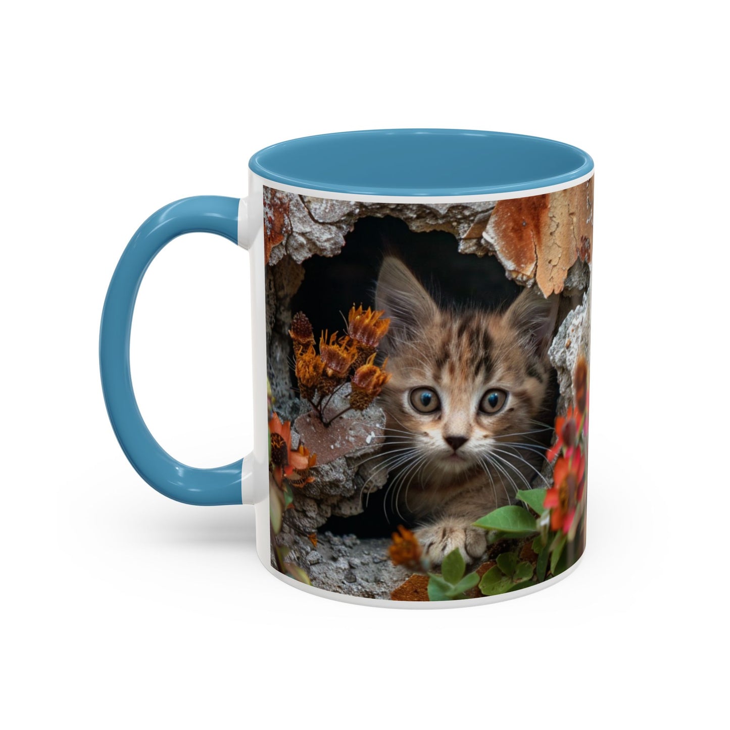 Cute Kitten Peek Accent Coffee Mug — Tabby Cat Floral 11/15oz