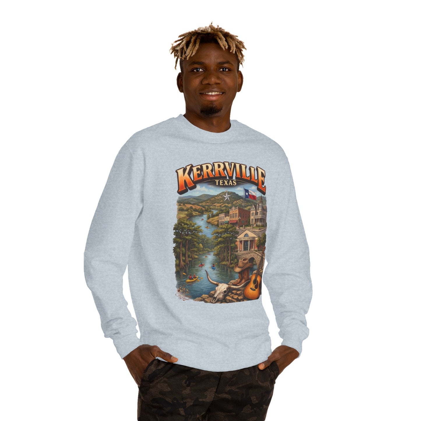 Kerrville Texas Scenic Crewneck Sweatshirt — Riverfront Guitar Vintage Design