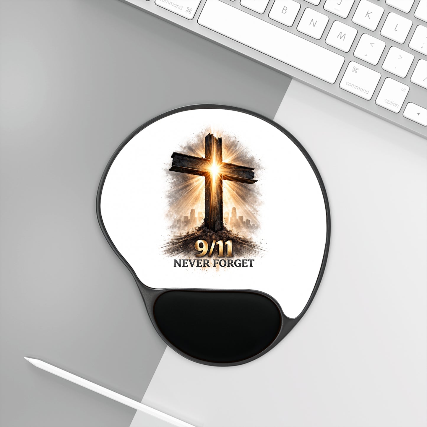 9/11 Never Forget Cross Mouse Pad with Wrist Rest — Memorial Computer Accessory