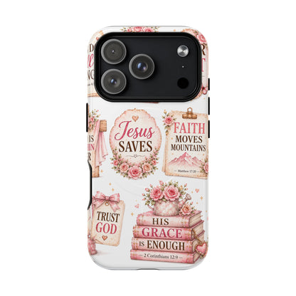 Christian Faith iPhone Tough Magnetic Case — 'Jesus Saves' Floral Scripture Design (Fear Not, Faith Moves Mountains)